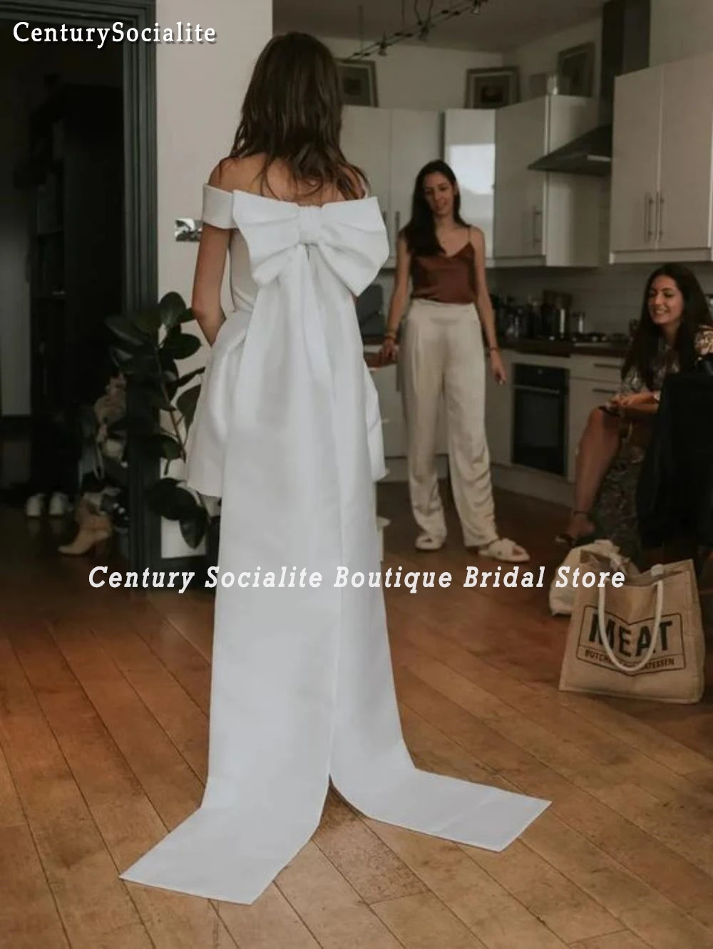 Satin Wedding Dresses Short Big Bow Off Shoulder Above Knee Mini Bride Reseption Dress Simple Bridal Gowns Customized