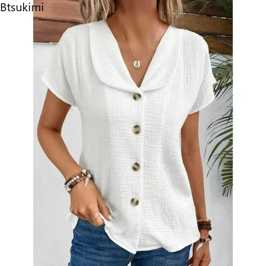 

2025 Women's Summer Solid Short Sleeve Blouses Fashion V-neck Loose Casual Button Cardigan Tops Elegant Clothing Women Shirts