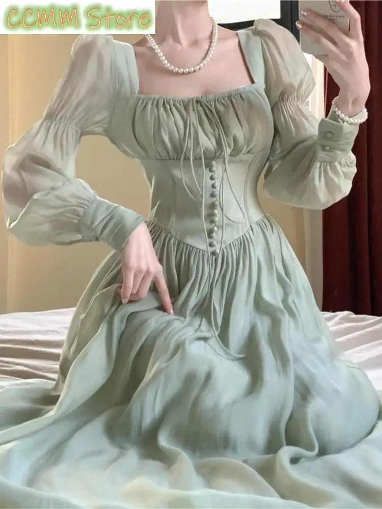 Elegante abito longuette con maniche a lanterna francese con lacci Abito estivo da donna con scollo quadrato Abito da ballo per feste da sera Abiti femminili Mujer Autunno