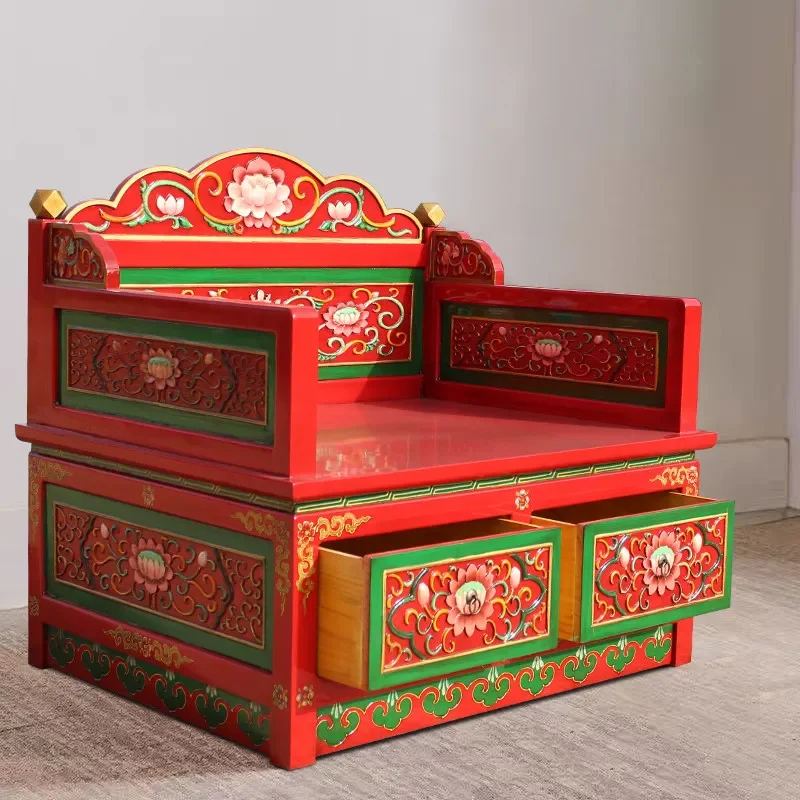 

Red multi-drawer storage ethnic style painting living room furniture Tibetan storage sofa