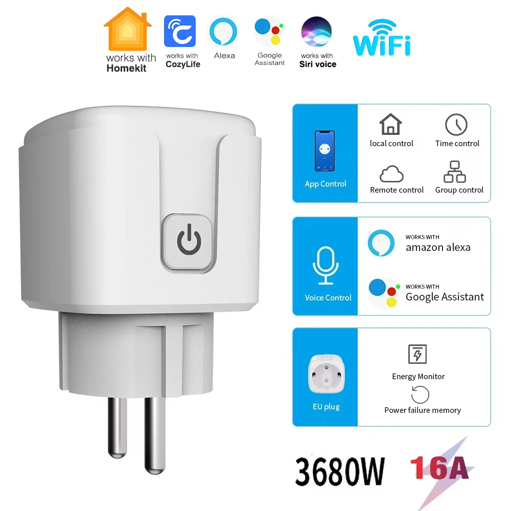 

Умная Wi-Fi розетка Cozylife 16A (ЕС) с дистанционным управлением/таймером/индикатором заряда батареи, совместимая с Google Home и голосовым помощником Alexa