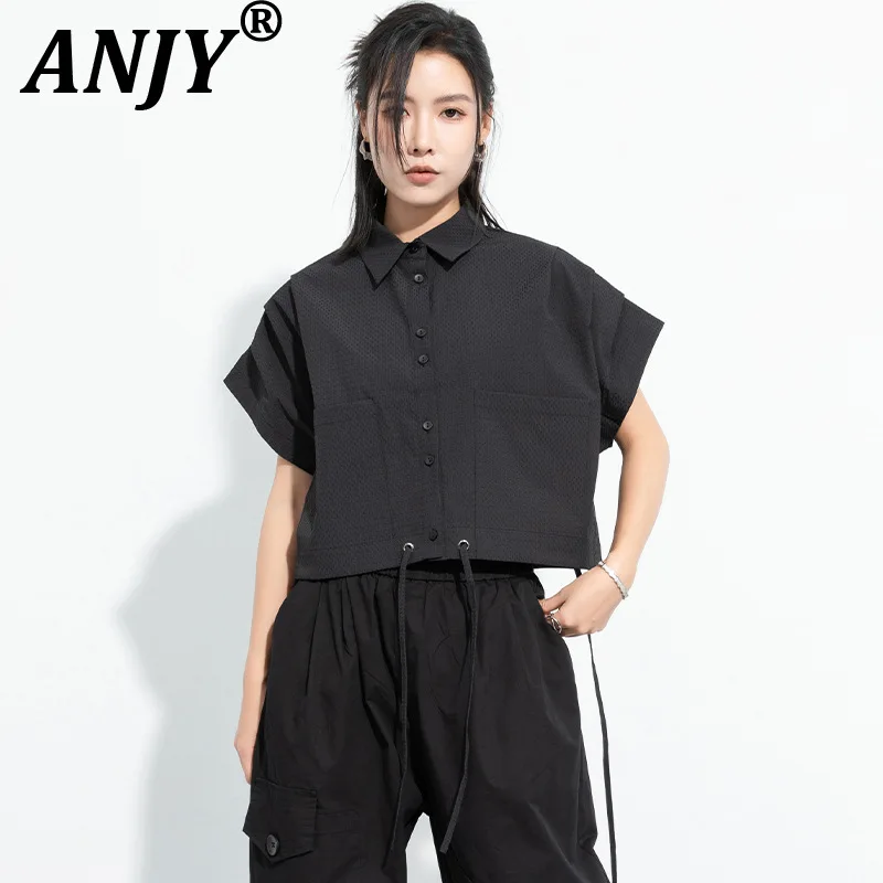 

ANJY Summer New Women Stylish Dark Style Loose Pleated Lace-Up Shirt Chic Design Niche Fashion Casual Short Sleeve Blouse A21493