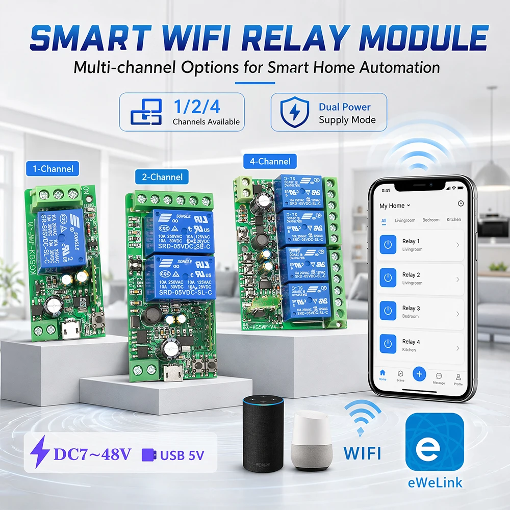 EWeLink WiFi Smart Switch Wireless Bluetooth Switch DC 12V 24V 48V Compatible with Alexa Google Home for Garage Motor Light