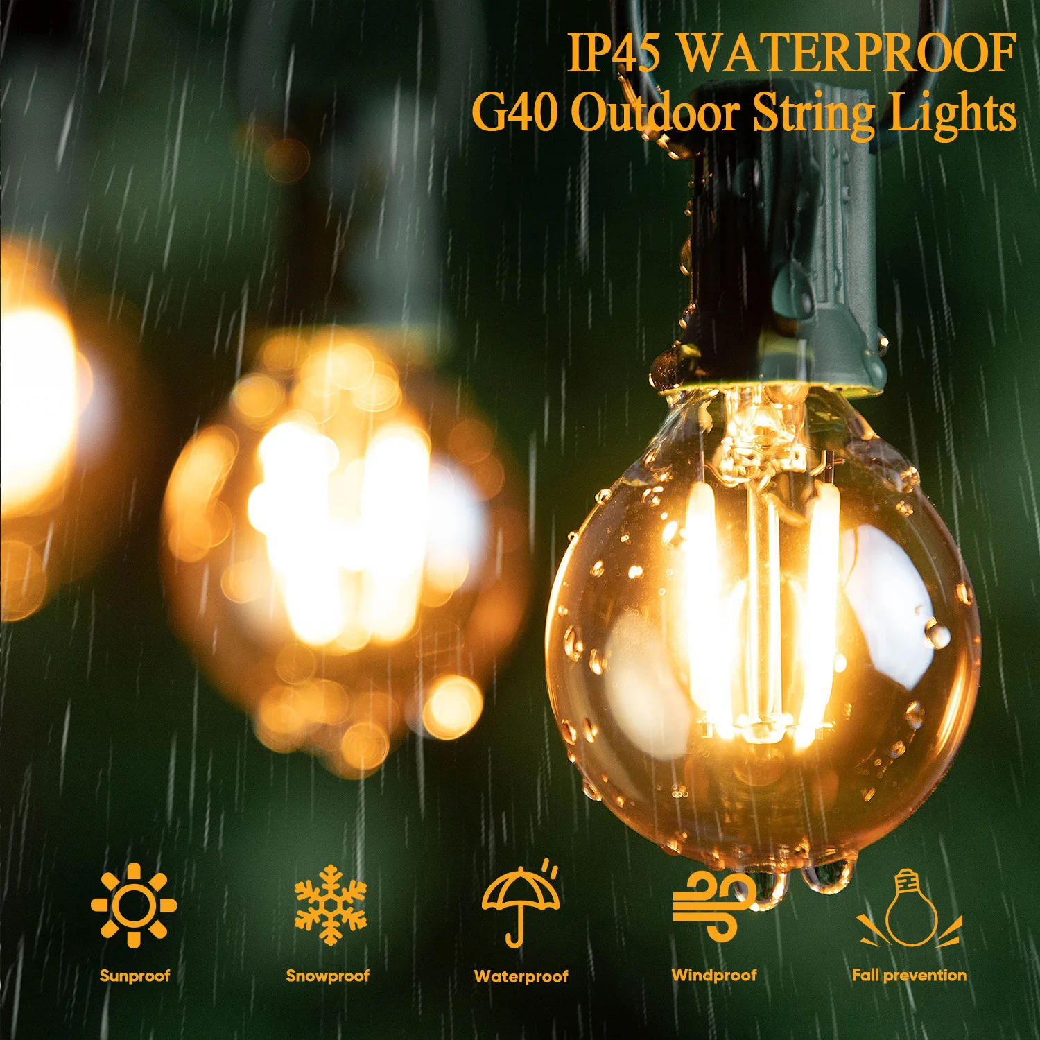 65Ft Led Fairy String Lights G40 Globe Party Garden Garland Waterproof 1.5 Watt Replacement Bulbs Green Connectable String Light