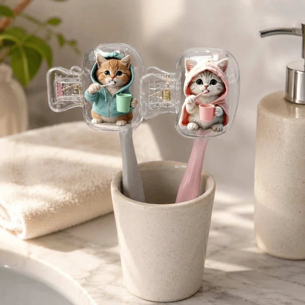 2pcs Portable Toothbrush Head Cover Kitten Dog Printed Waterproof Travel Toothbrush Protector Dust-proof Transparent