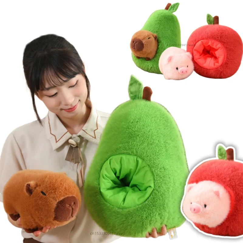 

Stuffed Capybara Plushie in Avocado Cushion Soft Fuzzy Plush Pig Hiding In Apple Plush Capibara Toy Throw Pillow Birthday Gift