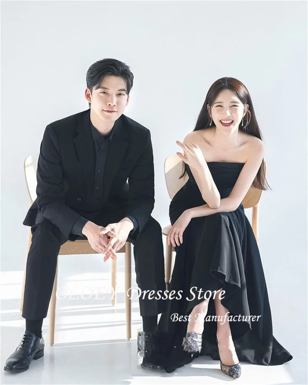 OLOEY 간단한 블랙 이브닝 드레스 한국 사진 촬영 매트 새틴 Strapless 인어 웨딩 파티 드레스 바닥 길이 맞춤형