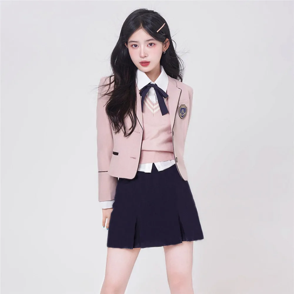 Gangnam-traje rosa de estilo universitario para mujer, Blazer de uniforme JK coreano, vestido de vaina para niña, conjuntos de falda a la cadera, primavera y otoño