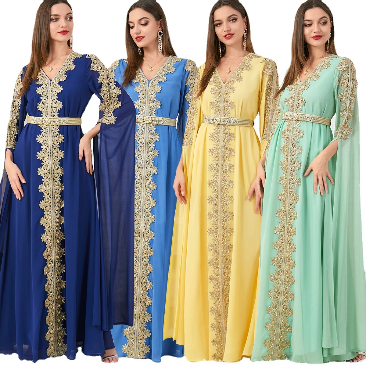 Djellaba Marocaine Two Piece Muslim Dress Chiffon Print Belted Kaftan Ramadan Gown Abayas Islamic Cloth Turkish Women Clothes