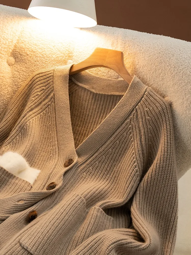 High Quality Women V-neck Cardigan Cashmere Sweater Autumn Winter Thick 100% Merino Wool Knitwear Comfort Loose Korean Fashion