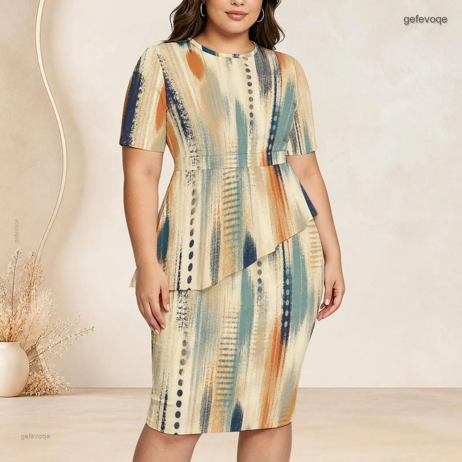 Women Round Neck Short Sleeve Asymmetric Top Fitted Skirt Two Piece Printed Skirt Set