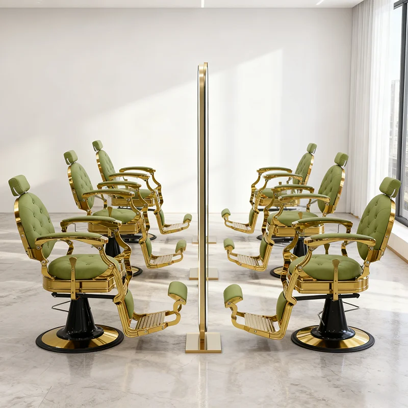 Luxurious Green Gold Base Beauty Salon Furniture Tufted Hairdressing Styling Chair Hydraulic Pump Barbershop Barber Chair