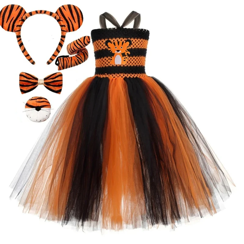 

Длинные костюмы оранжевого, черного тигра для девочек, нарядное платье на Хэллоуин с изображением животных джунглей для детей, наряд на день рождения, Рождество с ушками, хвостом