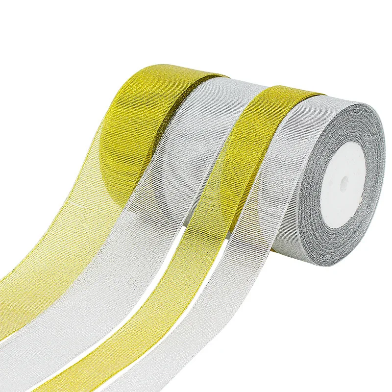 22meters/roll 6/10/15/20/25/40/50mm Gold silver Glitter Ribbon Wedding Cake Gift Decoration Craft Supplies Organza DIY Ribbon