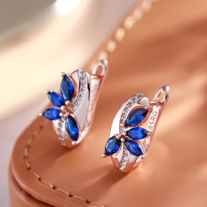 Kinel New Blue Natural Zircon Flower Drop Earring for Women 585 Rose Gold Vintage Ethnic Bride Wedding Jewelry Party Accessories