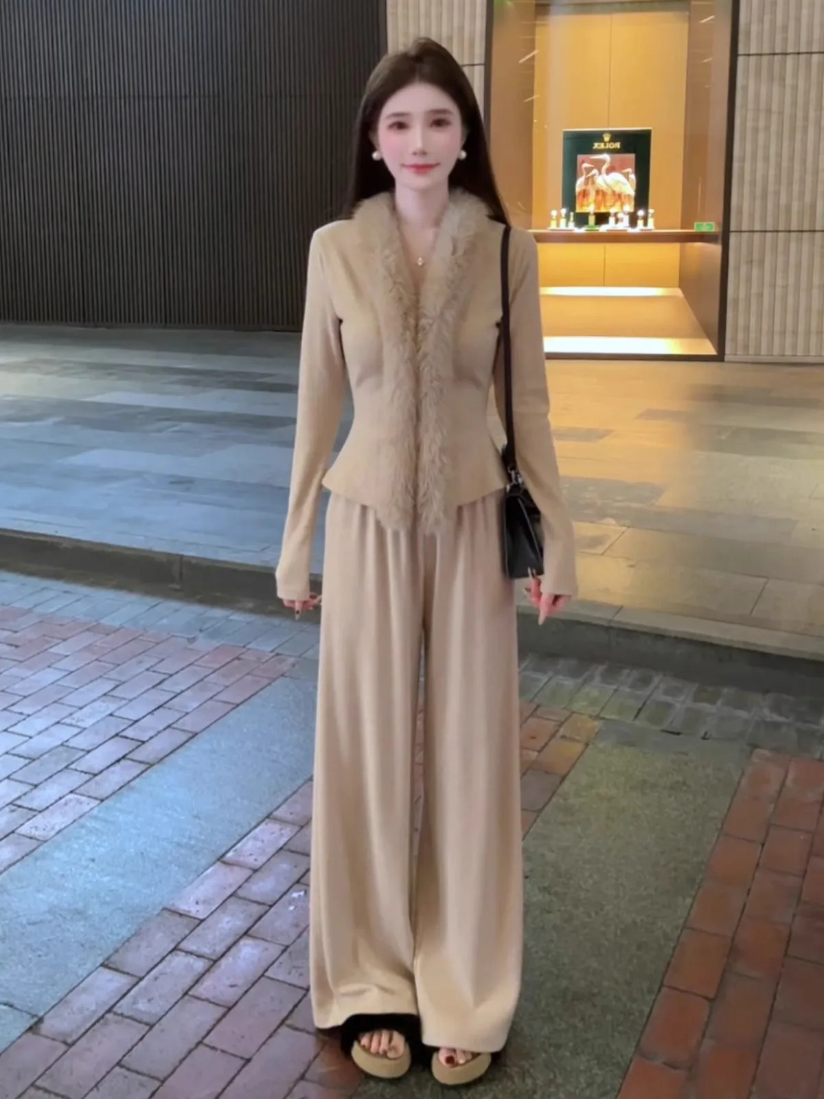 

Прямые брюки с высокой талией Ele и облегающий топ, женский модный комплект, повседневная осенняя коллекция, качественный материал