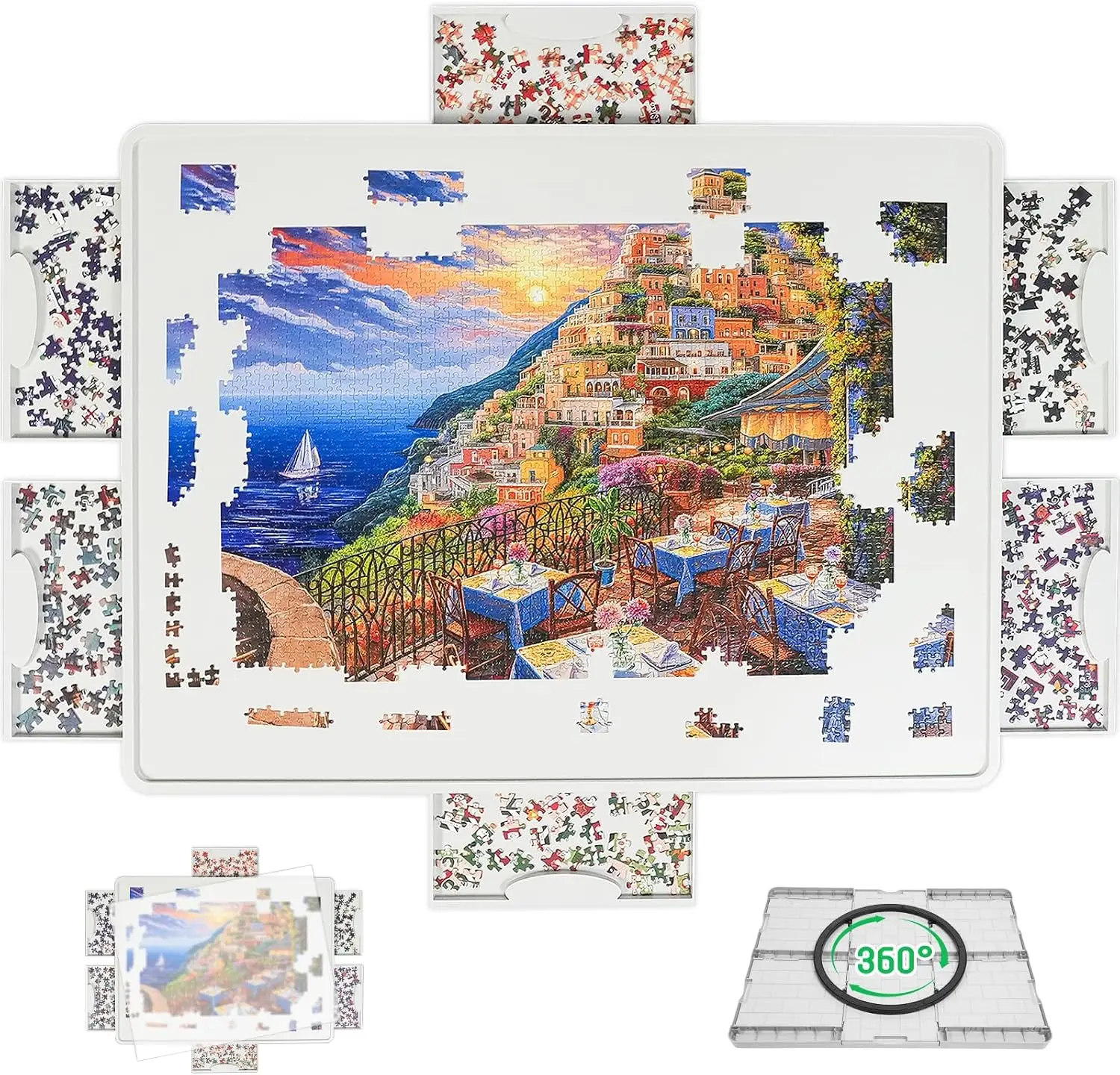 

Lightweight 1500-Piece Rotating Puzzle Board with 6 Drawers and Cover, 34.25x26.38 Inches Portable Plastic Table