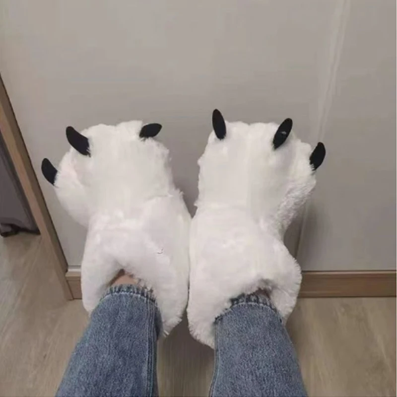 2024 Winter Women High Boots Bear Claw Slippers Shoes Plush Cotton Home Floor Boots Warm Furry Slippers Cosplay Boots Fur Slides