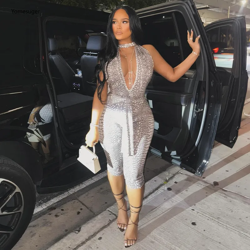 

Yomesugar Сексуальный комбинезон с принтом под змеиную кожу, с глубоким V-образным вырезом, без спинки, облегающий, для пляжа и вечеринок, лето 2026