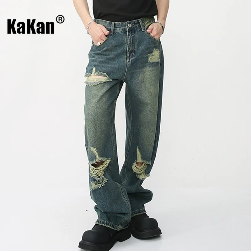 

Kakan - New Korean Vintage Loose Drag Hole Jeans for Men, Street Hip Hop Trendy Denim Pants K50-M7-D-488