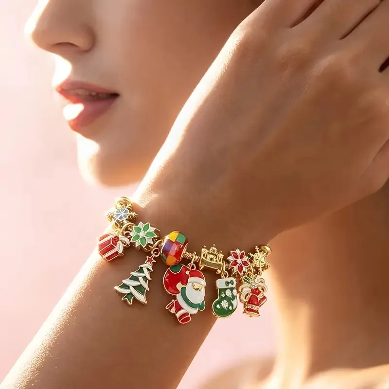 2026 New Gold Christmas Beaded Snake Chain Bracelet, Snowflake Castle Bell Charm Adjustable Women Jewelry