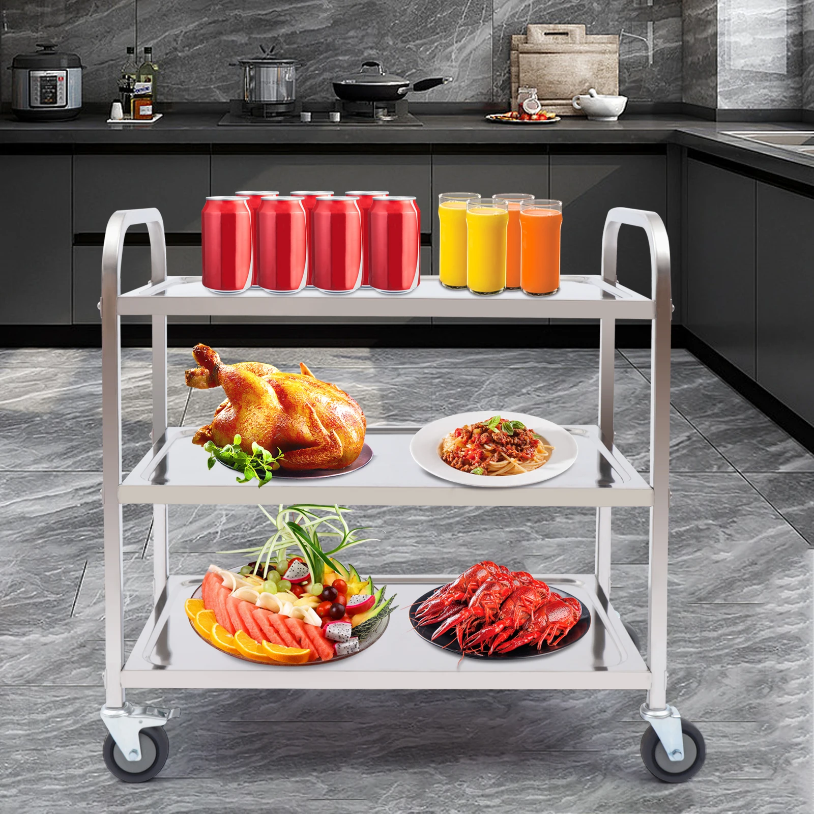 3 Floors Stainless Steel Serving Trolley Transport Cart Kitchen Roller