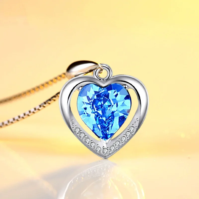 

925 Sterling Silver Heart Pendants for Women Bule Crystal Pendants Fine Jewelry Christmas Gift for Girl S925 Necklace for Women