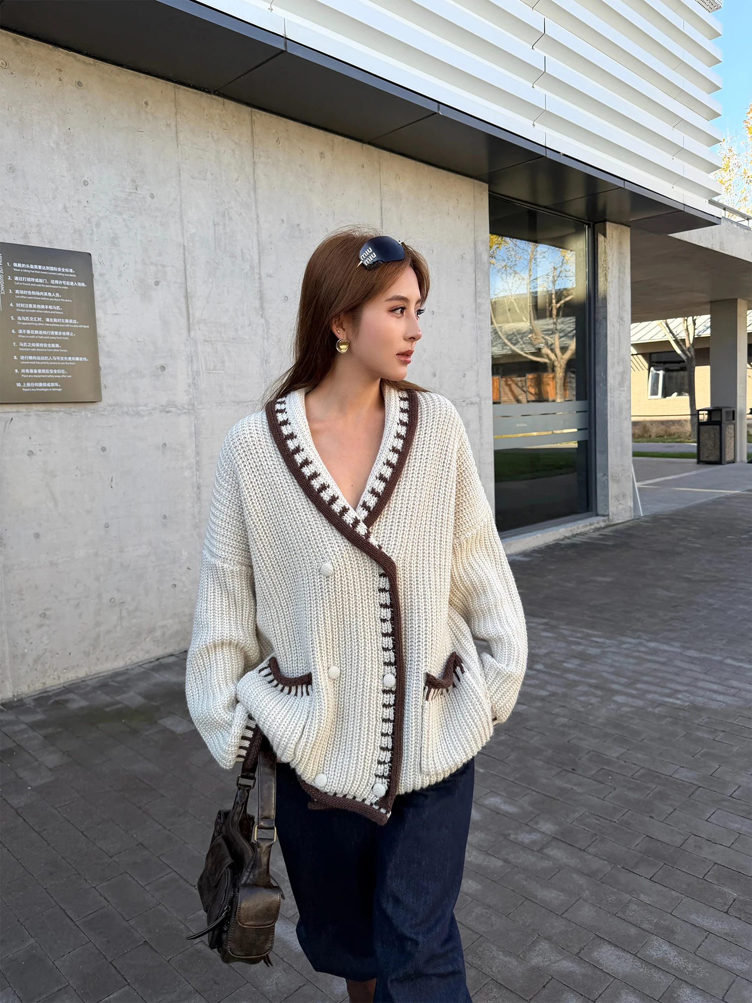 

NEVA HU Women's Knitted Woolen Open Cardigan V-Neck Casual Loose Roll Outerwear Color Block Long Sleeve Warmth