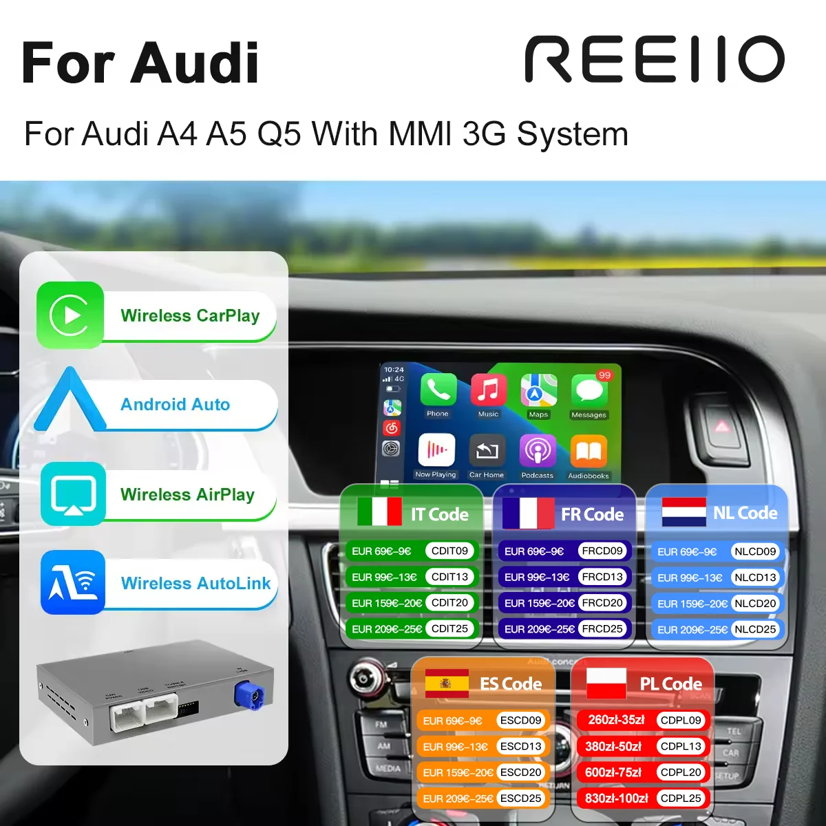 Adaptateur d'interface sans fil CarPlay et Android Auto pour Audi A4 B8, A5, Q5 (2009-2016) avec Bluetooth, navigation GPS et sy