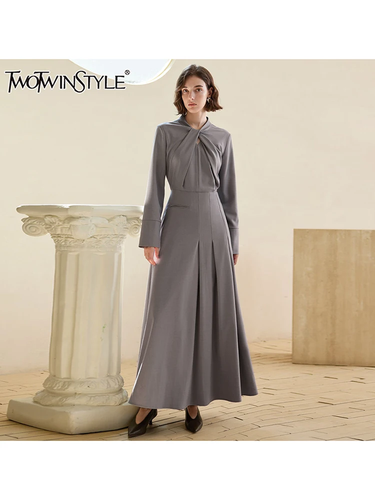 

TWOTWINSTYLE Solid Elegant Midi Dress For Women O Neck Long Sleeve Spliced Pockets Slimming Luxury Desses Female Fashion Autumn