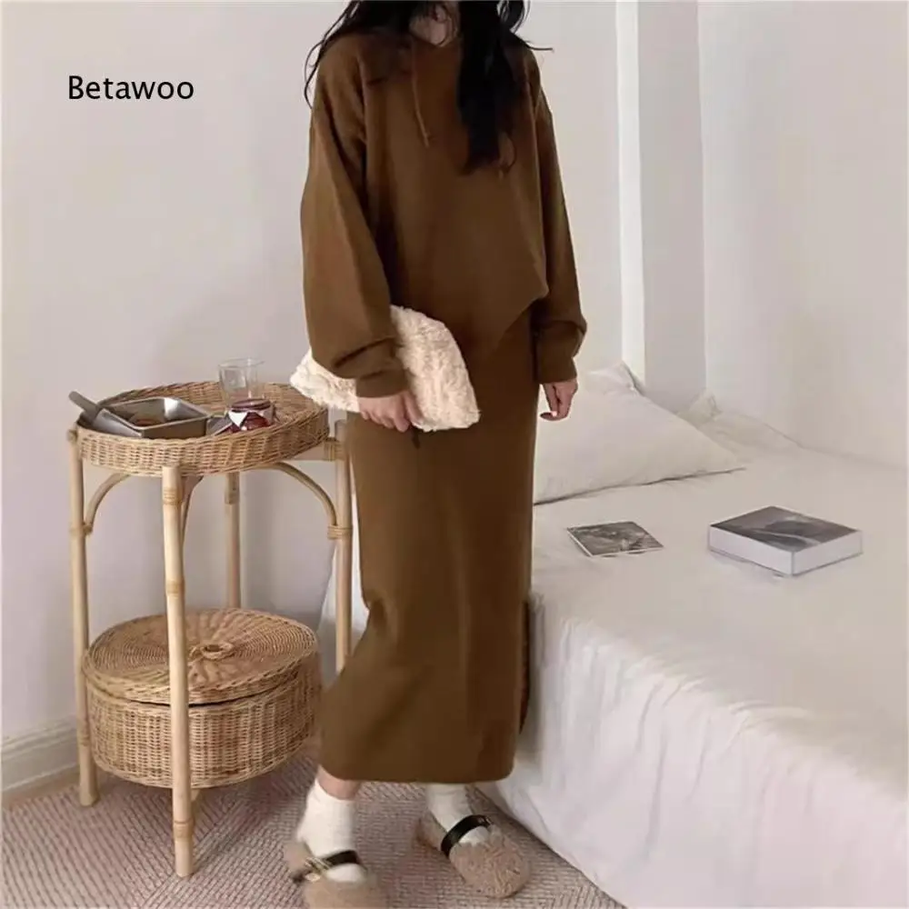Women Knit Two Piece Outfit Drawstring Hood Pullover Top and High Waist Midi Skirt Loose Matching Suit for Daily Casual Occasion