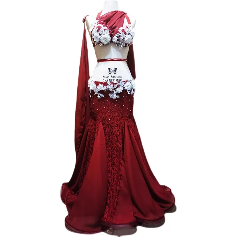 성인과 어린이를위한 맞춤형 블랙 레드 플러스 사이즈 밸리 댄스 의상 스커트 성능 의상 탑과 대형 스커트