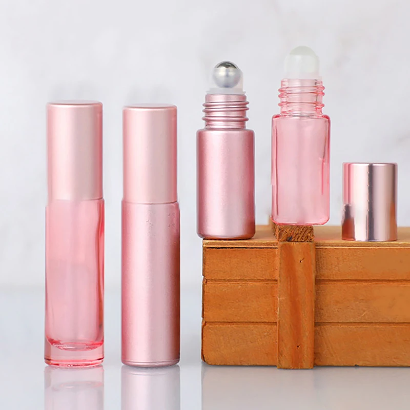 Empty Jar Glass Perfume Bottle 1PCS 5/10ml Pink Roller Bottle Essential Oil Lip Gloss Glass Roll On Bottle Refillable Tube