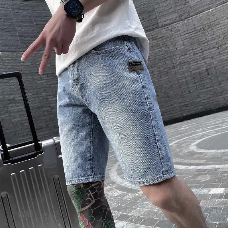 

Корейские отзывы, множество брюк, новинка лета 2024, модный бренд, потертые светлые джинсовые шорты, мужские облегающие брюки