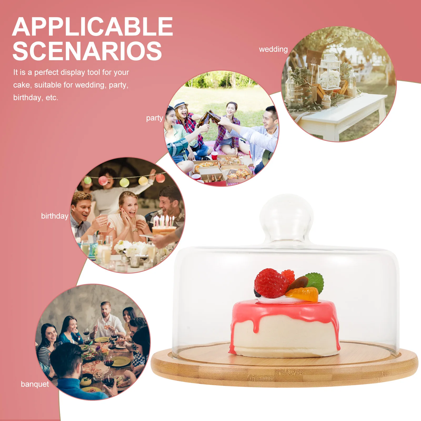 

1 Set Wooden Cake Display Tray Glass Cover Bread Dessert Serving Table Decor Japanese Style Lightweight Khaki Transparent Shield