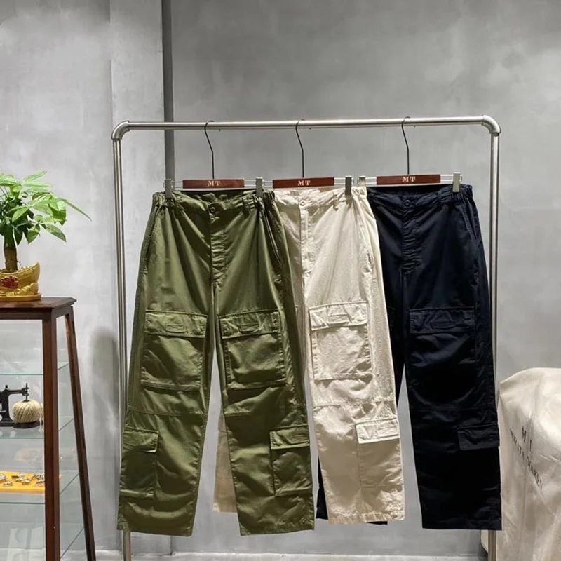 Japanese Men's Work Pants Casual Trousers Loose Straight Leg Multi Pocket Collapsed Longs Outdoor Trekking Skateboarding Camping