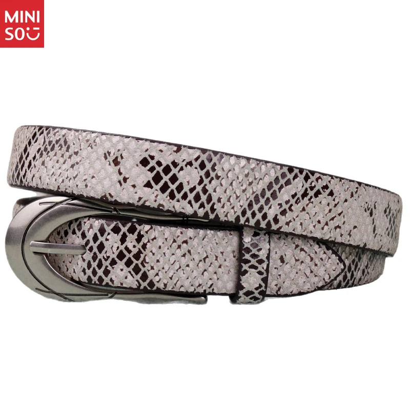 حزام Miniso Buckle Snake Print، حزام خصر من الجلد الطبيعي للنساء والرجال، أنيق وبسيط