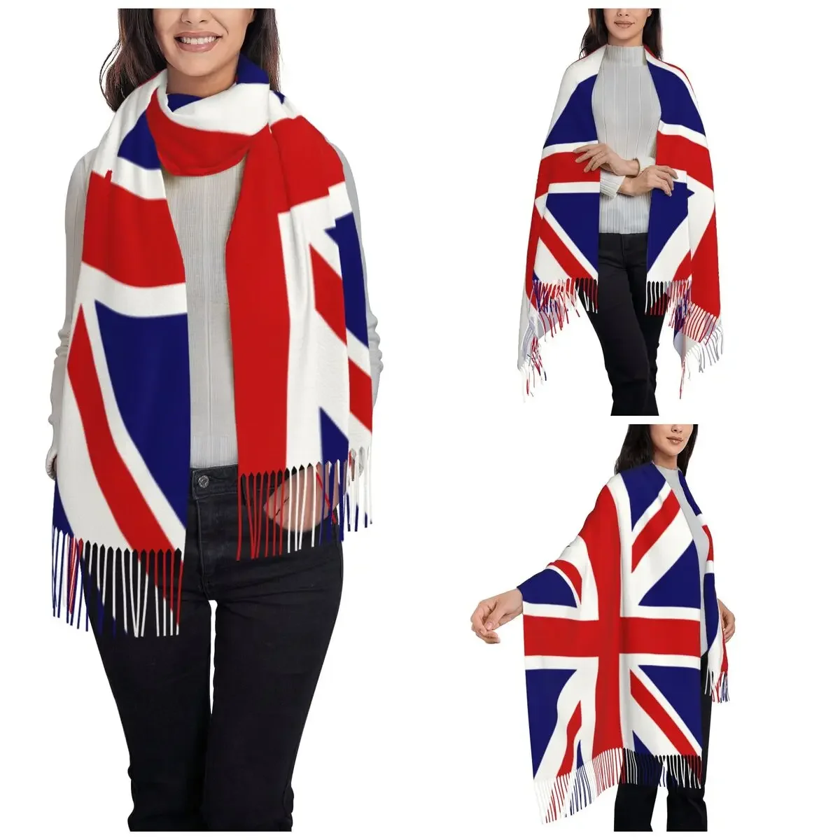 Womens Scarf with Tassel British Flag Union Jack Long Winter Fall Shawl and Wrap UK United Kingdom Reversible Cashmere Scarf