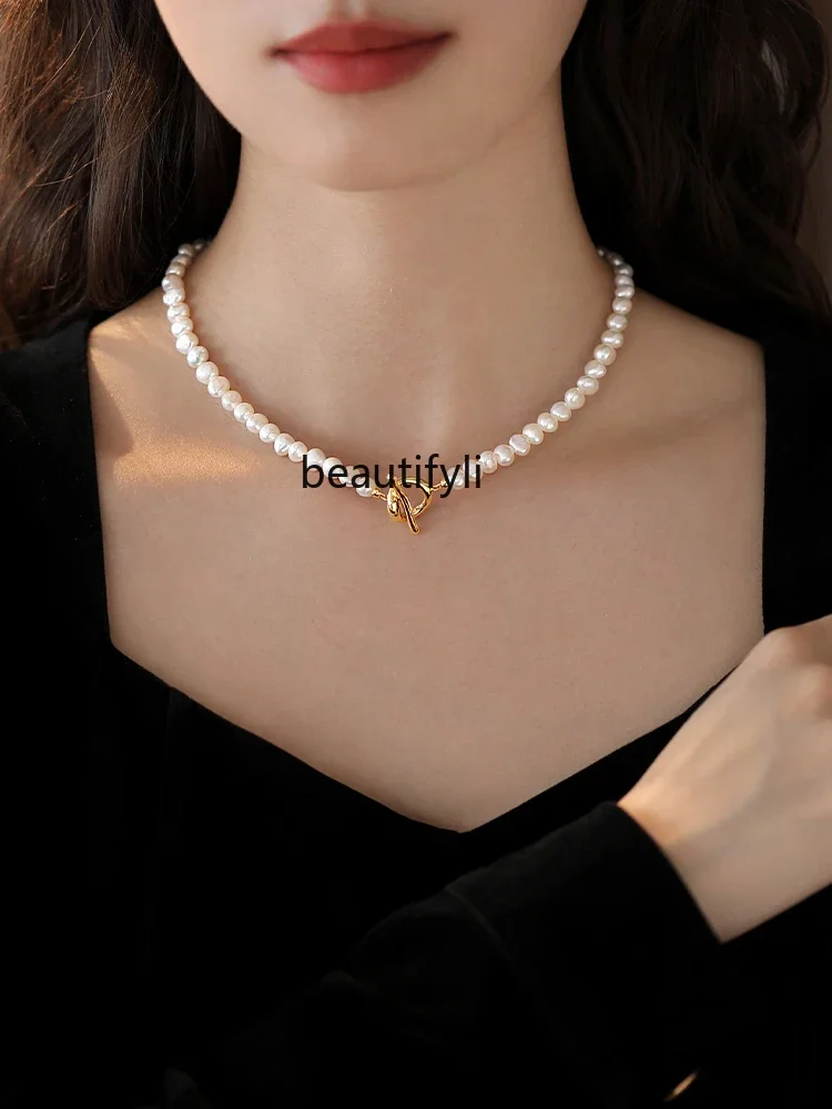 Freshwater pearl OT buckle necklace women's accessories high-end clavicle chain new light luxury neck chain