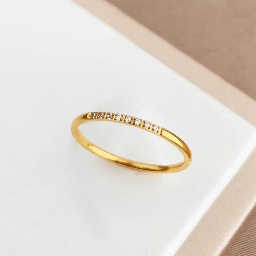 1mm Thin CZ Ring, Full Round Zircon Crytal Women Engagement Ring, Wedding Brand Gold Color, Minimalist Stackable Ring