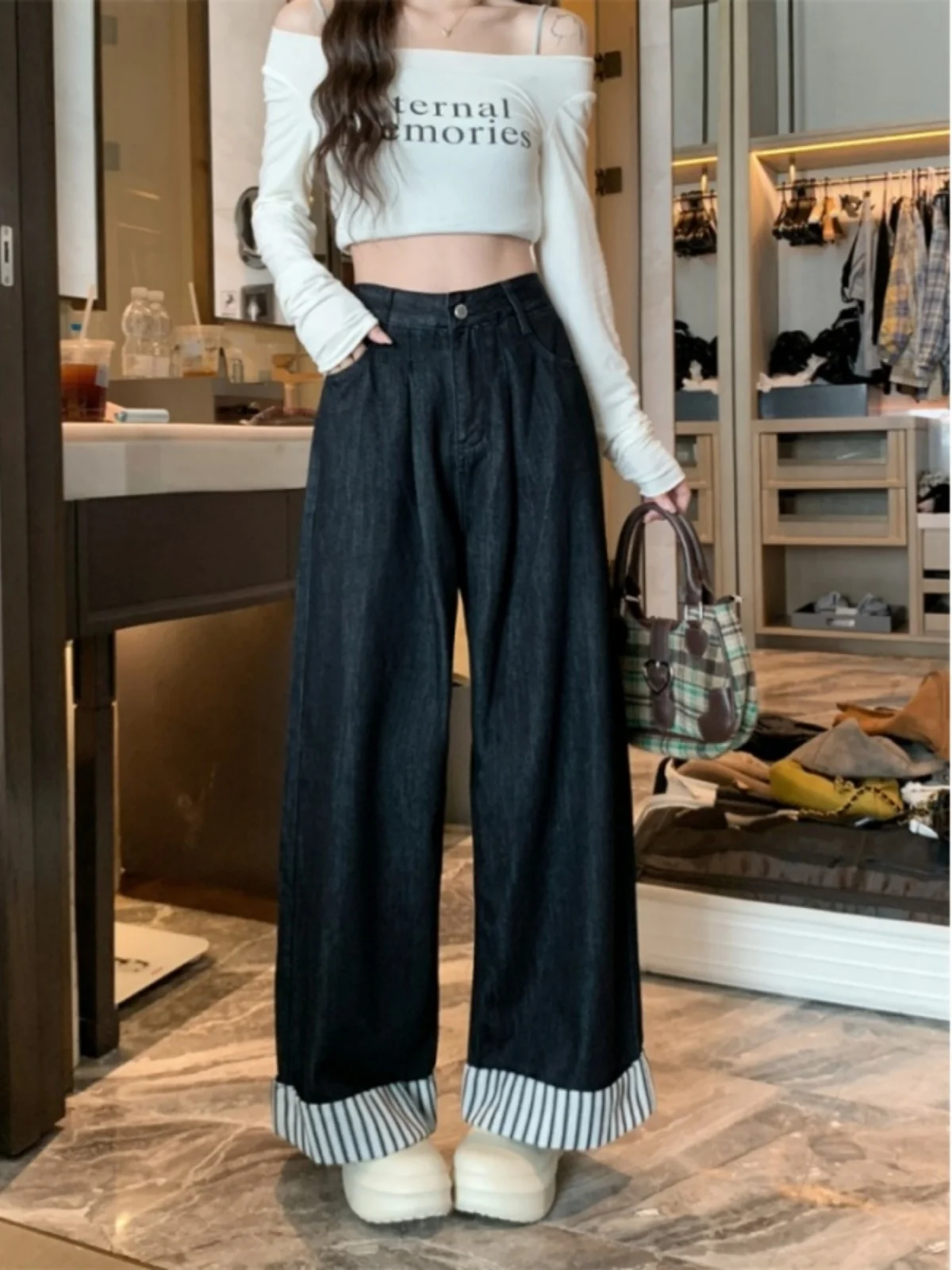 High Waist Striped Denim Jeans Women's Autumn plus Size Flared Slimming Loose Pear ape plus Size Wide Leg Pants