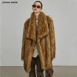 Winter Gradient Gold Brown Long Hairy Shaggy Raccoon Faux Fur Coat Women Furry Lapel Furry Midi Long Loose Oversized Outerwear