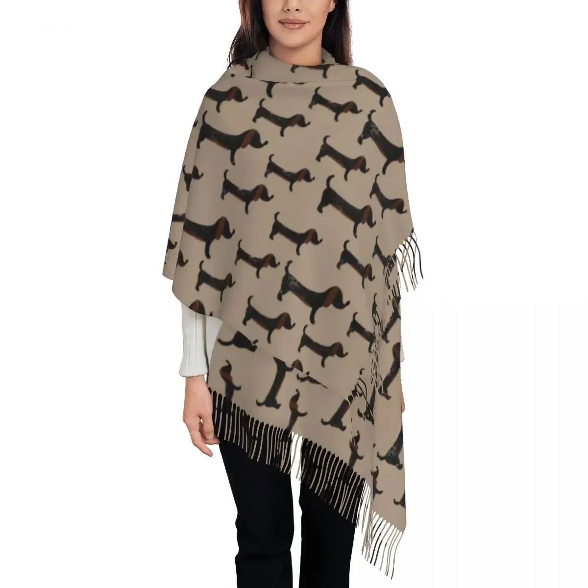 

Female Long Badger Sausage Dog Lovers Scarves Women Winter Fall Soft Warm Tassel Shawl Wraps Dachshund Scarf