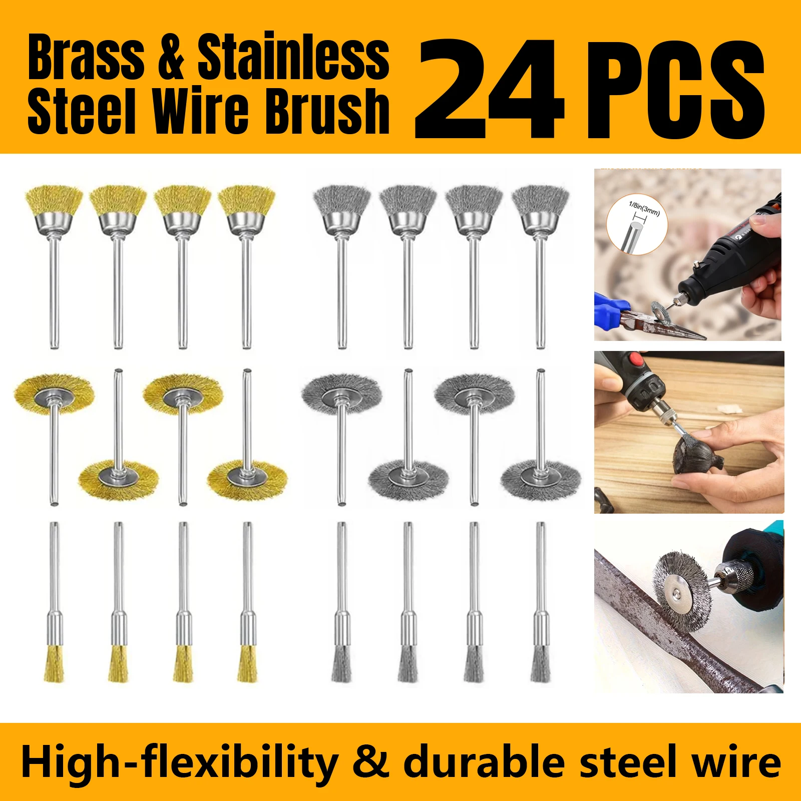 

24PCS Brass & Stainless Steel Rotary Wire Brush Set, Drill & Rotary Tool Accessories for Cleaning, Polishing & Rust Removal