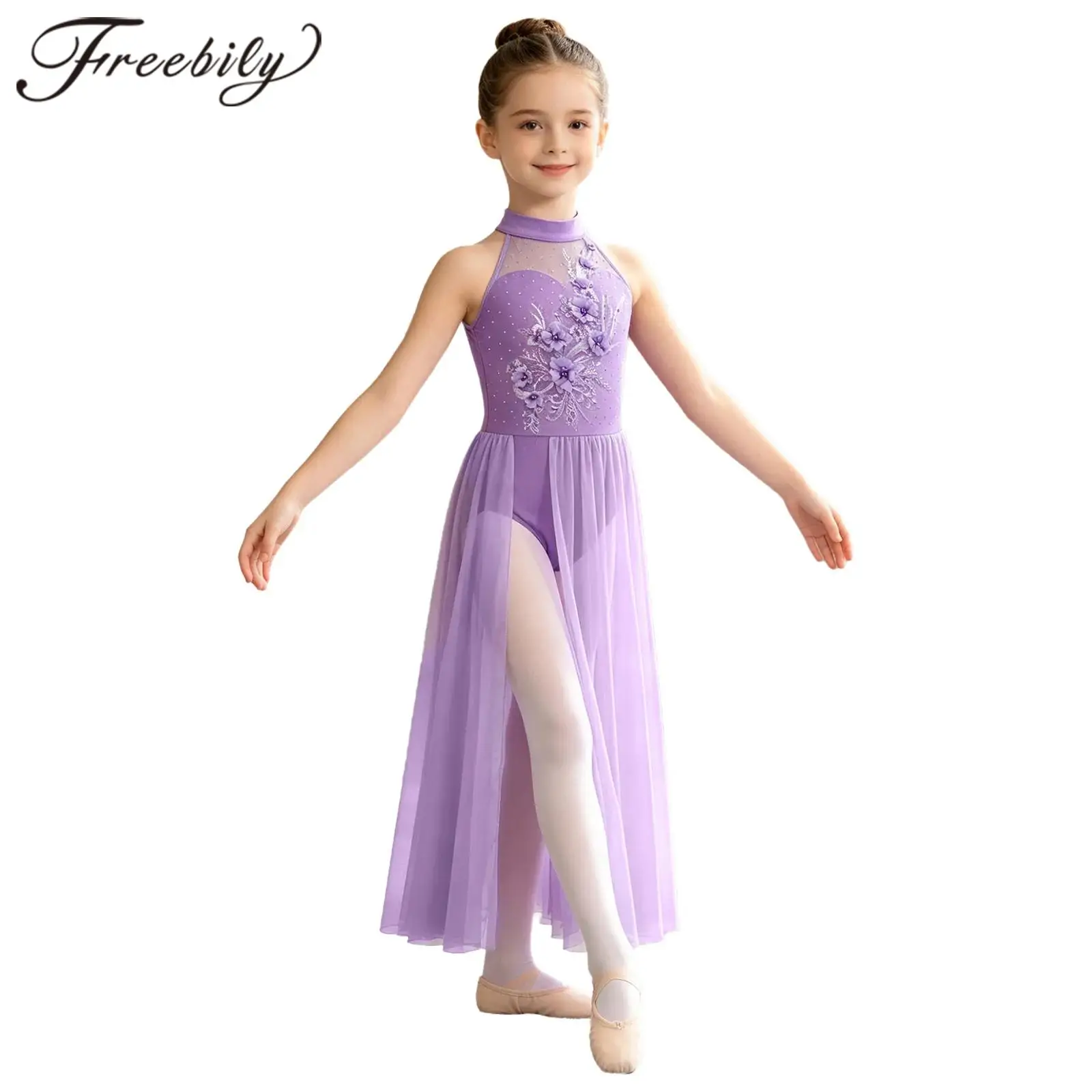 子供用リリカルダンスステージパフォーマンスドレス-女の子用モダンダンスウェア-スプリットメッシュダンシングレオタードドレス-ノースリーブバレエ衣装