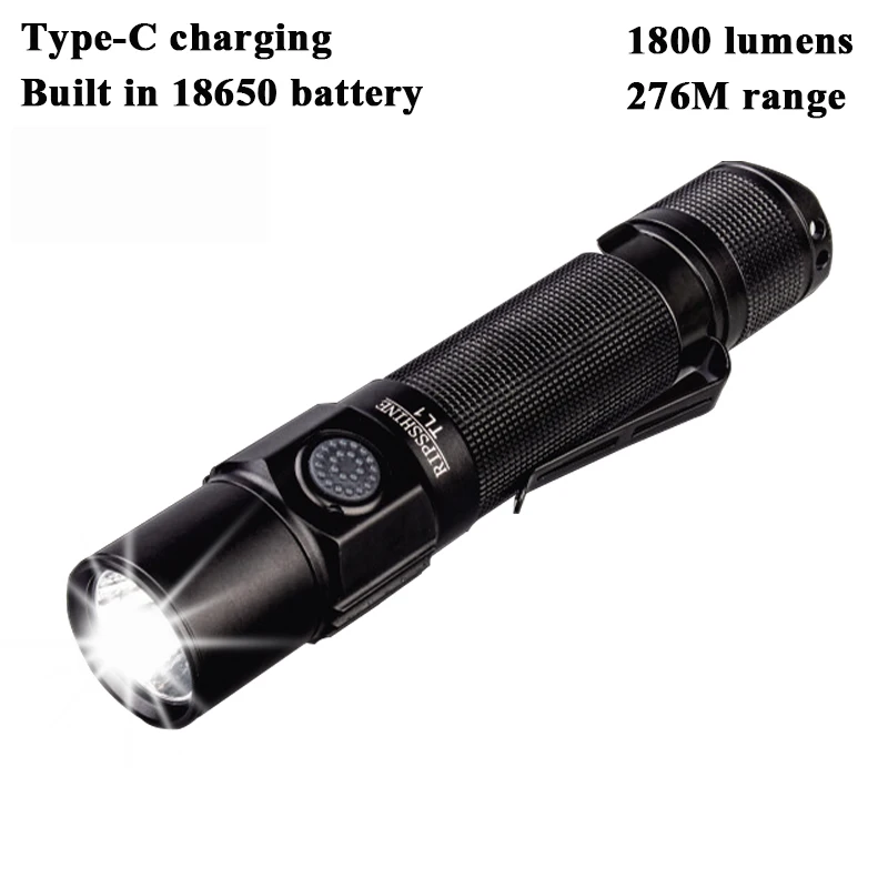 RIPSSHINE 1800LM EDC Flashlight type-C Rechargeable LED 18650 Torch TIR Optics Lens Lantern with Power Indicator Outdoor Fishing