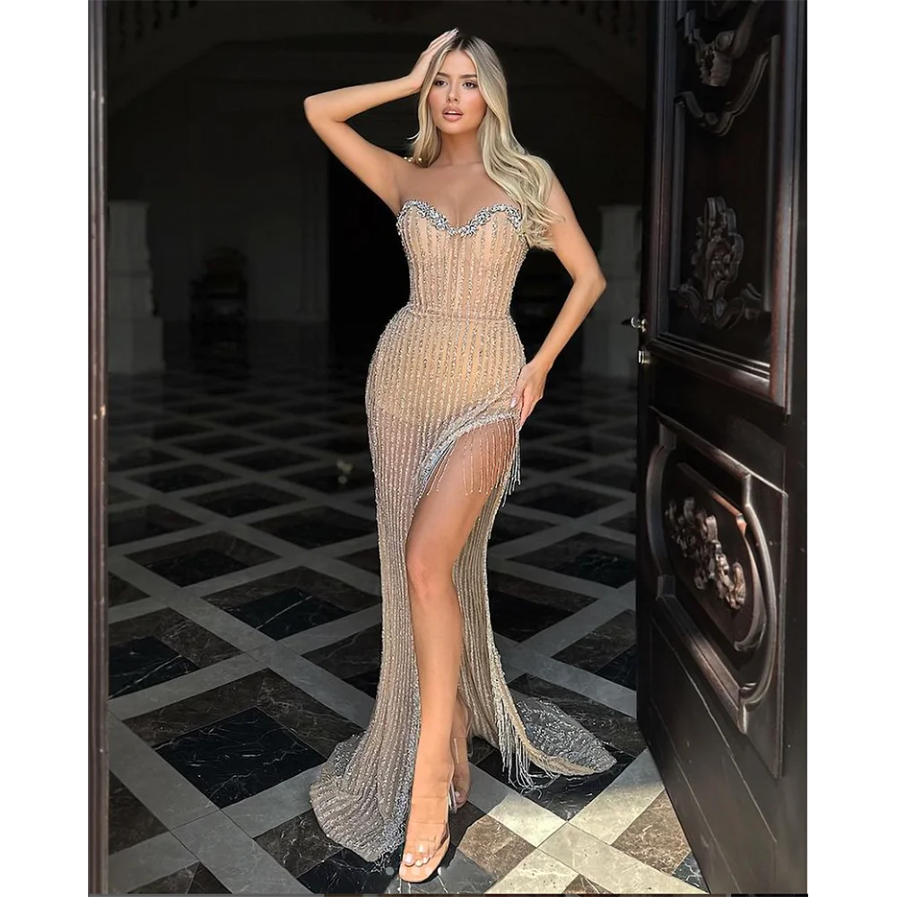 Luxury Sequined Crystal Evening Dress Fashion Sweetheart Beading Tassel Floor Length Side Split Sheath Prom Gowns Party Dress