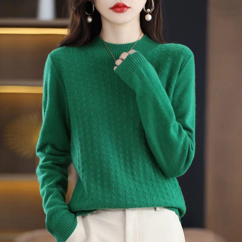 

Spring and autumn new 100% wool hollow women's pullover O-neck cashmere sweater knitted solid color coat Korean fashion.