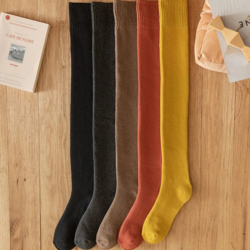 Calcetines por encima de la rodilla de rizo para mujer, medias gruesas y cálidas de terciopelo, calcetines hasta el muslo, protectores, Invierno