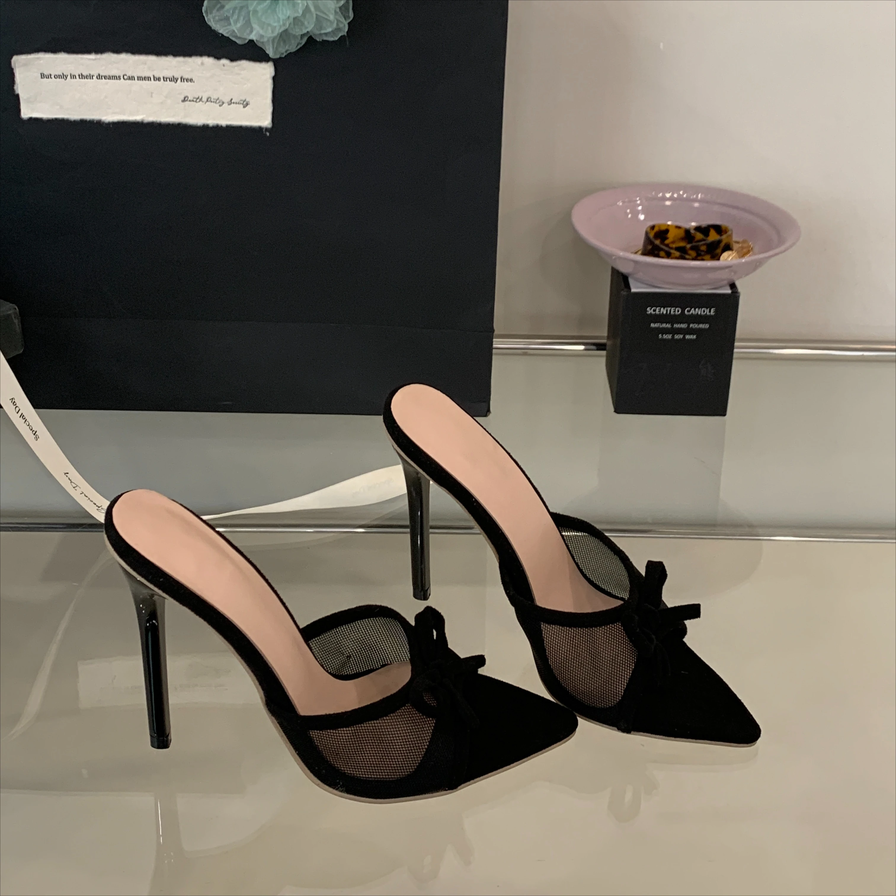 

Fashion Ladies Summer Heels Sexy Pointed Toe Open Toe Mesh Bow Party Dress Women High Heeled Slippers